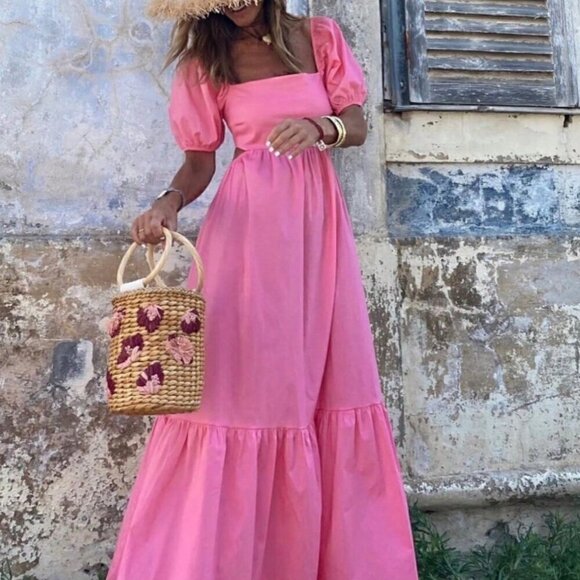 Pink Casual Women's Summer Holiday Solid Color Square Neck Puff Sleeve Dress - Picture 2 of 4